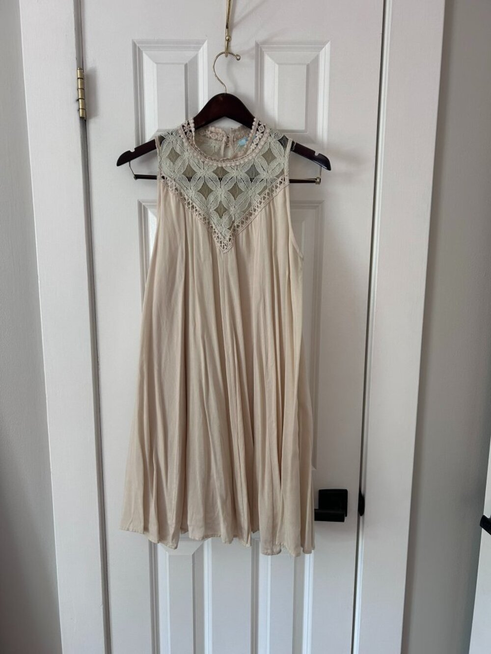 She + Sky Cream Lace Yoke Swing Dress High Neck Sheer Lace Back Size S